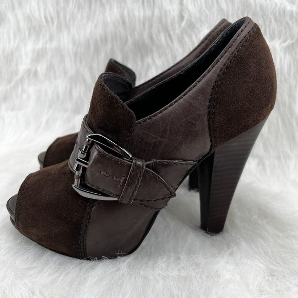 Kurt Geiger Sz 36 US 5.5 Brown Leather Suede Peep Toe 4.5” Stacked Heel Pump - Picture 3 of 16